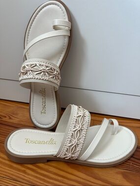 Toscanella Ivory Braided Toe-Loop Slide Sandals, cream flat sandals